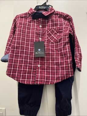 Ben Sherman Red Plaid Button-Down Shirt with Navy Bow and Pants set Size 18m NWT